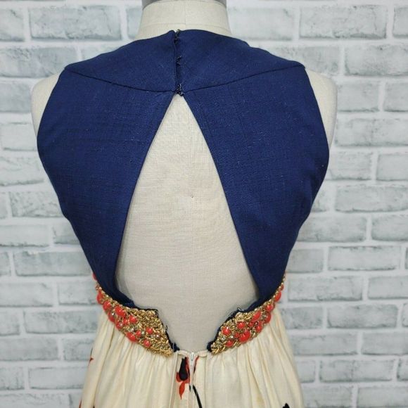 Vintage 60s 70s Union Made Maxi Dress Navy Orange Floral Skirt Beaded Waist - Picture 7 of 12